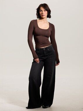 Klassy Scoop Neck Braless Long Sleeve Top Brown S